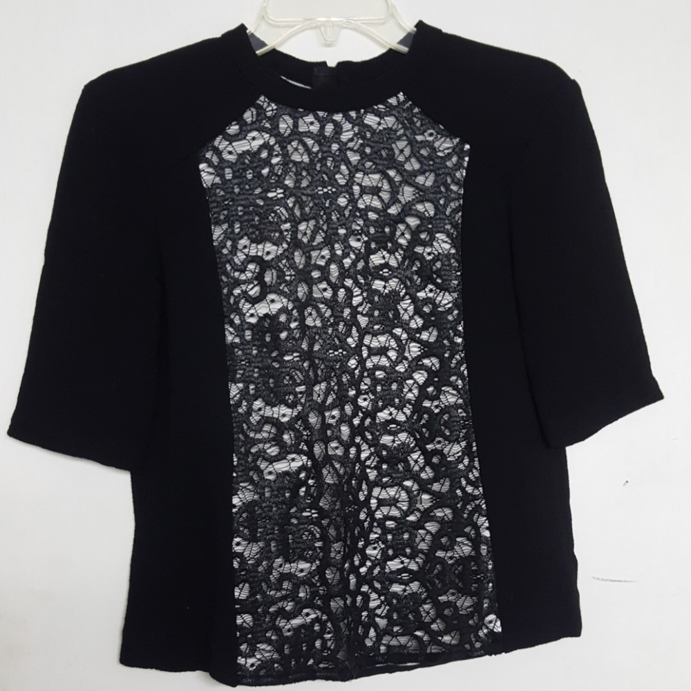 ALC Black Lack Overlay White Short Sleeve Blouse